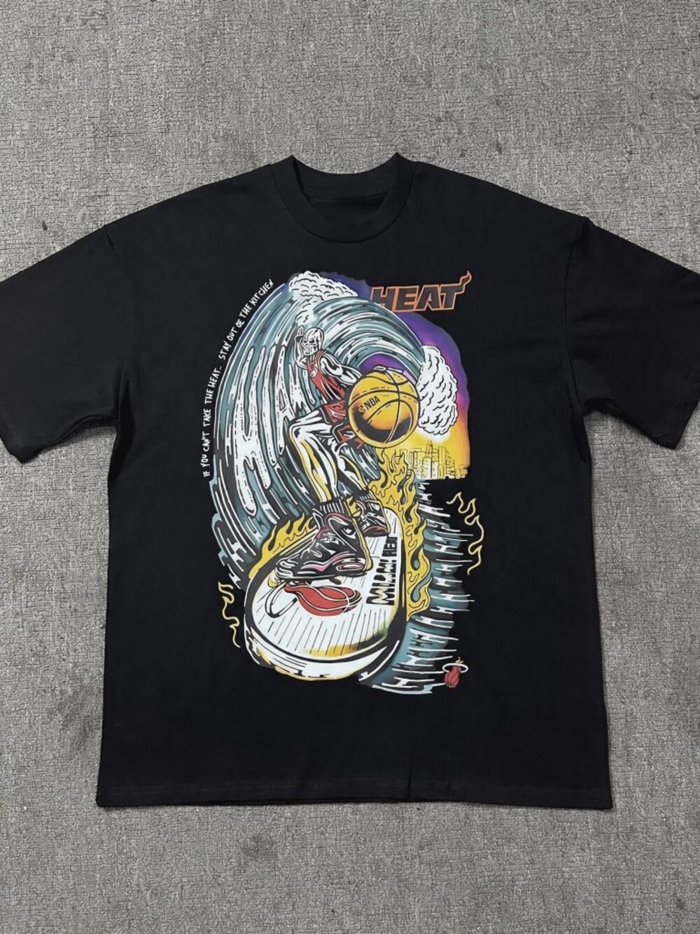 Miami Heat Skeleton Surfing Wave Graphic Tee – Black Basketball Sneaker T-Shirt